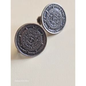 Vintage Mayan Calendar Earrings Mexico Aztec Sterling Silver 11/16in